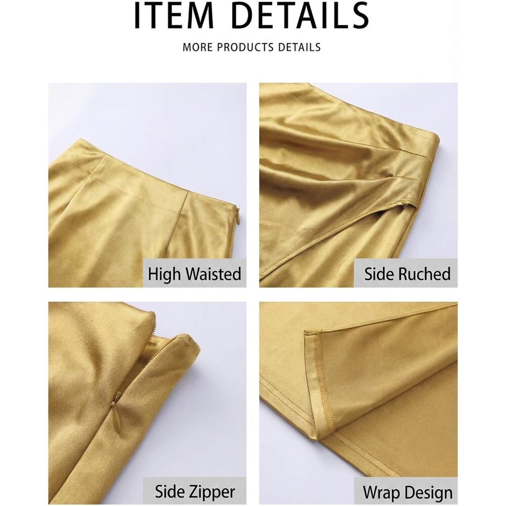 Women's Gold Satin Wrap High Waisted Flowy Spring Summer Ruched Long Maxi Skirt - Picture 4 of 6